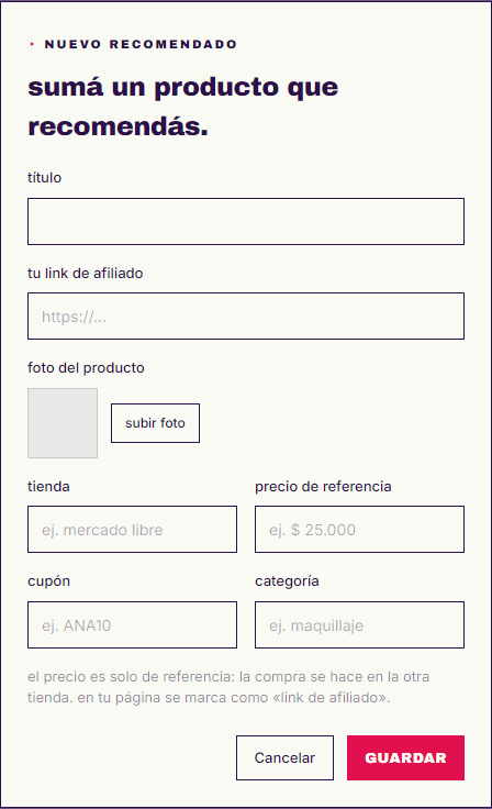 ventana para sumar un recomendado, con título, tu link de afiliado, foto del producto, tienda, precio de referencia, cupón y categoría