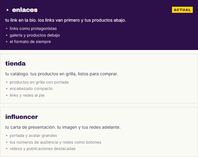 los tres formatos para elegir: enlaces, marcado como actual, tienda e influencer, cada uno con lo que destaca