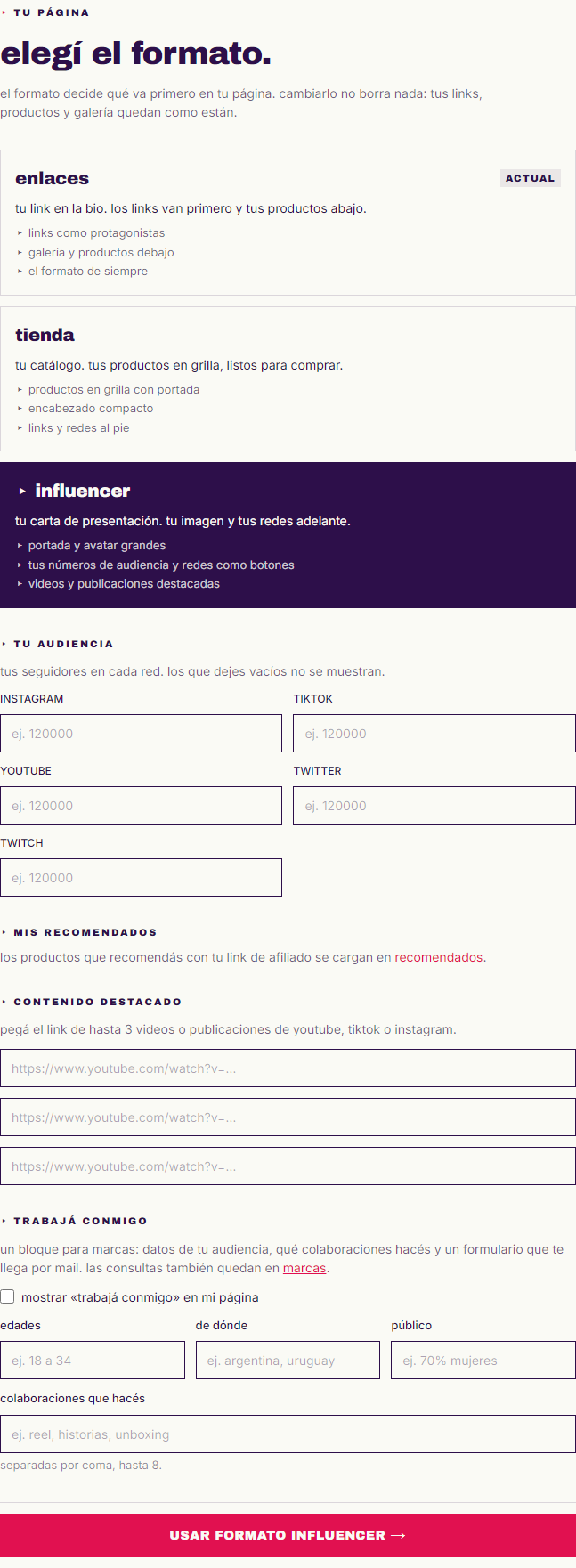 formato influencer elegido, con las secciones tu audiencia, mis recomendados, contenido destacado y trabajá conmigo, y el botón usar formato influencer